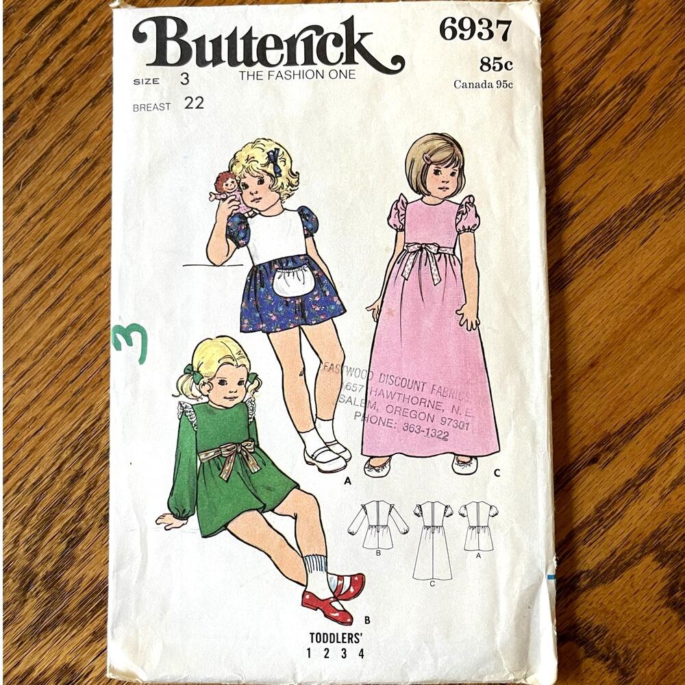 Vintage 1970s Butterick 6937 Sewing Pattern Size 3 Toddler Girls Dress COMPLETE